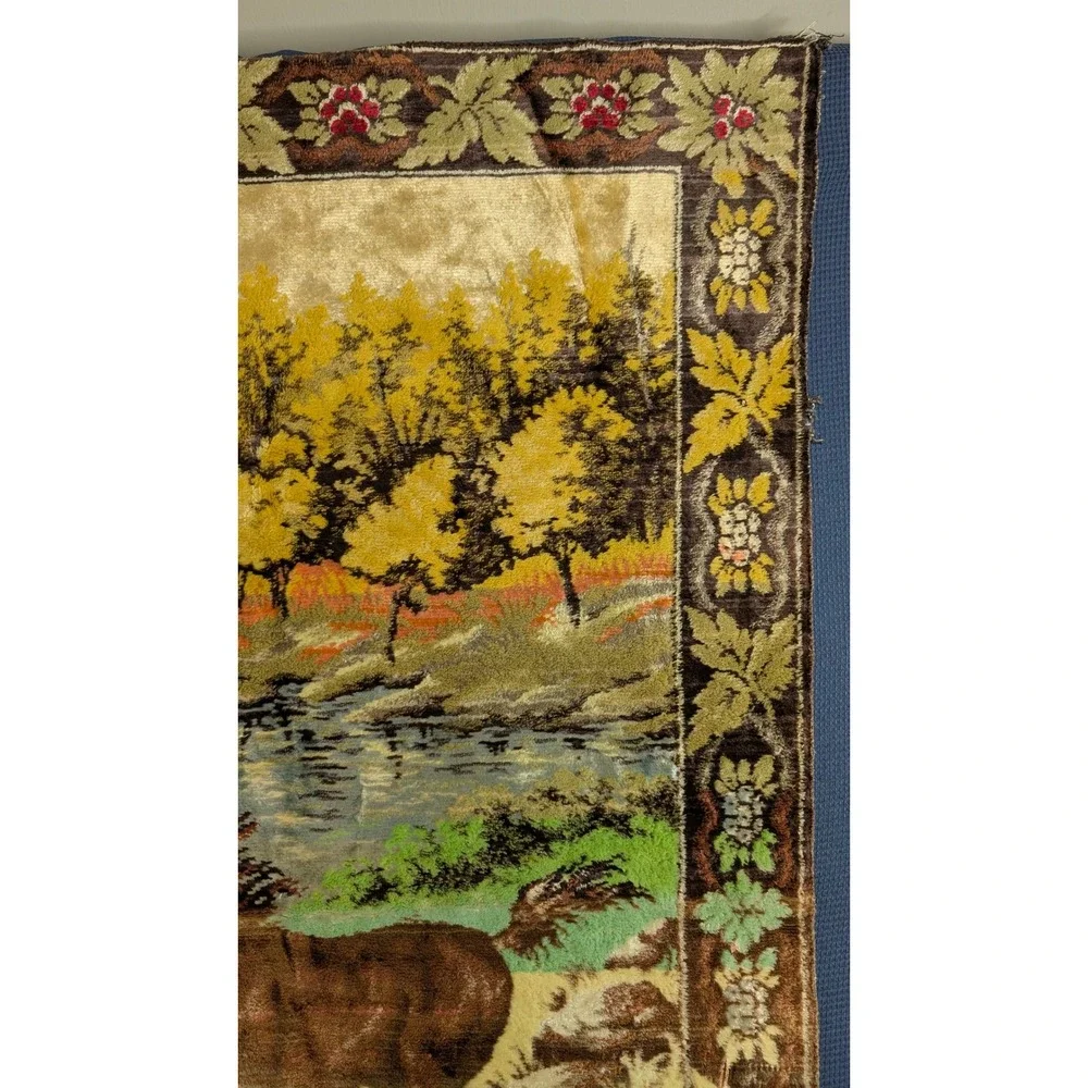Italian Vintage Velvet Horse Tapestry 4x6 Wild Horses Nature Scene Wall Hanging